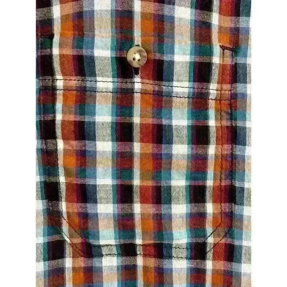 Salt Valley Men's Size LRG Plaid Button Up Shirt Navy Brown Pockets Thin Cotton - Picture 5 of 13